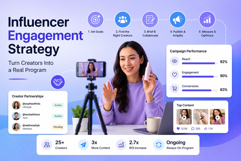Illustration of an influencer engagement strategy showing a creator filming content, campaign workflow steps, creator partnerships, and performance metrics for reach, engagement, and conversions.