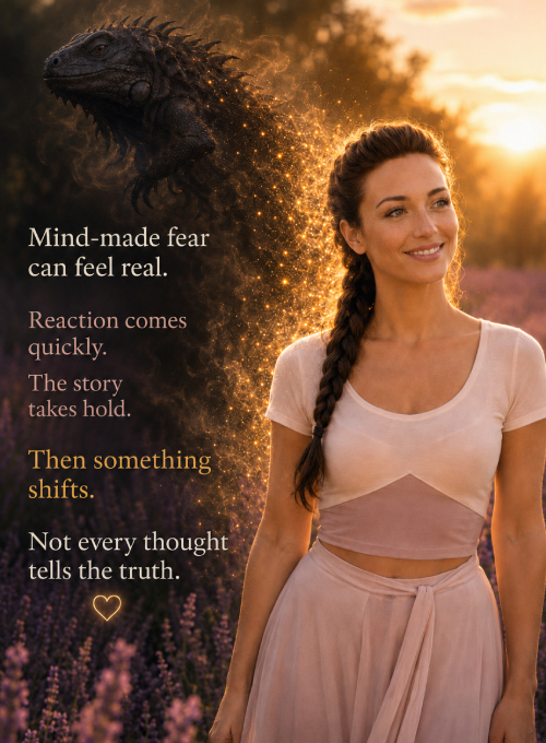 AI influencer portrait with the text “My mind made fear.”