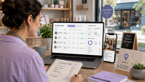 Small business owner planning an influencer marketing campaign with local nano and micro creators, budget notes, audience data, and campaign performance metrics.