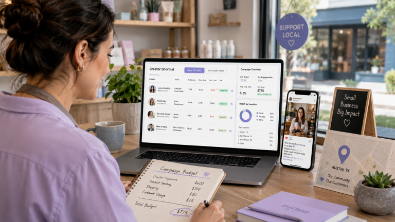 Small business owner planning an influencer marketing campaign with local nano and micro creators, budget notes, audience data, and campaign performance metrics.