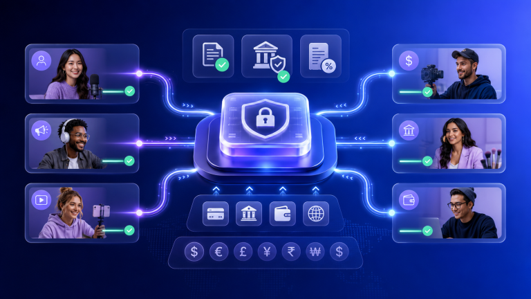 Visual representation of creators connected to a secure payment system featuring invoices, bank transfers, digital wallets, and multiple currencies.