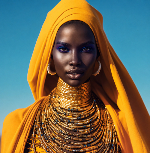 AI influencer with orange hair wearing a futuristic purple outfit.