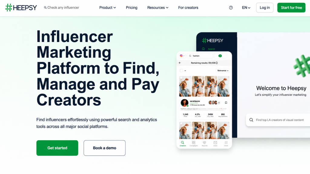 Heepsy influencer marketing platform homepage featuring tools to find, manage, and pay creators, with influencer search and analytics interface previews.