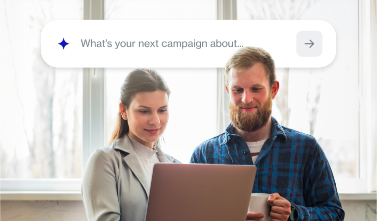 Two marketers reviewing a laptop together, with a search bar overlay reading "What's your next campaign about..." representing Hypefy's Semantic Selection brief input.